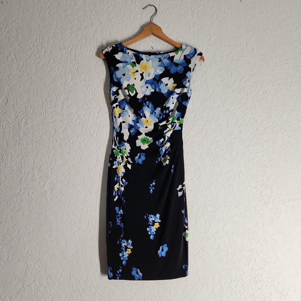 Ralph Lauren floral stretch dress boat neck black blue yellow side ruching Sz 0